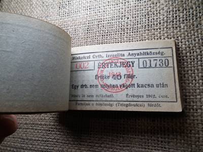 Miskolc , Miskolczi Ortodox Izraelita Anyahitközség ! Értékjegy 40 fillér 1942 , 1 kacsa  , Orth. ! Ritka köteg ! 97 db sorszámkövető !