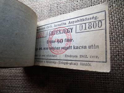 Miskolc , Miskolczi Ortodox Izraelita Anyahitközség ! Értékjegy 40 fillér 1942 , 1 kacsa  , Orth. ! Ritka köteg ! 97 db sorszámkövető !