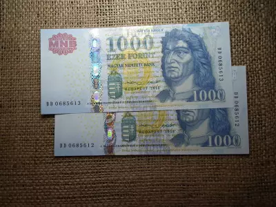 1000 Forint Bankjegy 2015 DD UNC , 2 db sorszámkövető 
