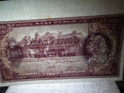 100 pengő 1945 , nagyon ritka ! Ívszéllel , sor és sorozatszám nélkül ! R ! Hajtatlan 