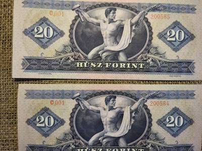 20 forint 1969 , 2 db sorszámkövető , hajtatlan , ívből lett kivágva  , 001 sorozat , alacsony 