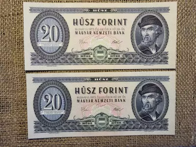 20 forint 1975 , 2 db sorszámközeli , hajtatlan pár , alacsonyabb sorszám 