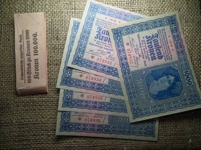 1000 korona 1922 , hajtatlan , UNC - aUNC  ,5 db + eredeti kötegelő 