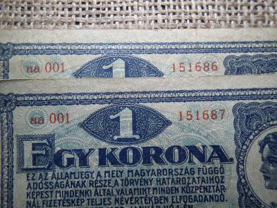 1 korona 1920 , sorszámkövető , aa001 , nagyon alacsony sorozatszám 