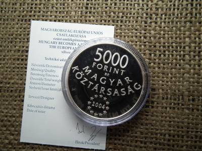 UNIÓS CSATLAKOZÁS 5000 FORINT 2004 EZÜST PP + certi 