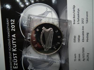 Írország ezüst 15 euró 2012 , euro , Ír farkaskutya Írország ezüst 15 euró 2012 , euro , Ír farkaskutya