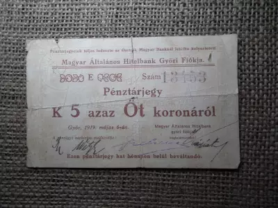 Magyar Általános Hitelbank Győri Fiókja 5 korona 1919 